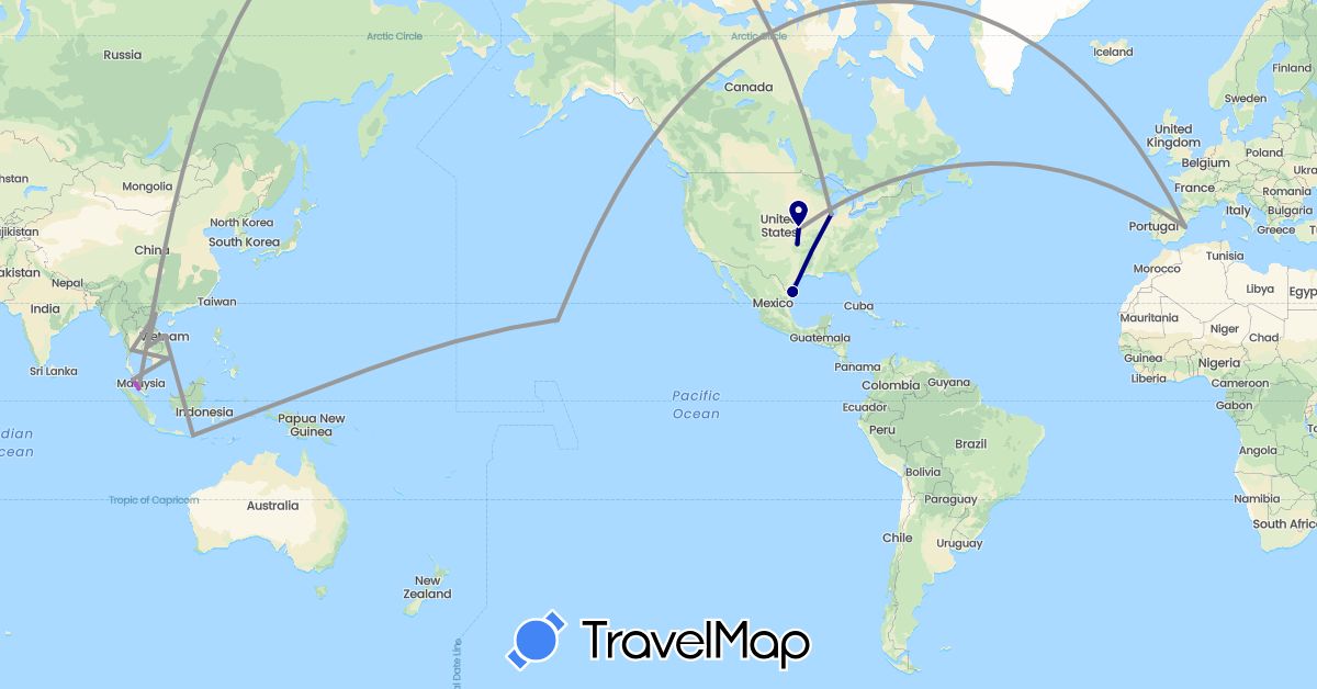 TravelMap itinerary: driving, plane, train in Spain, Indonesia, Cambodia, Malaysia, Thailand, United States, Vietnam (Asia, Europe, North America)